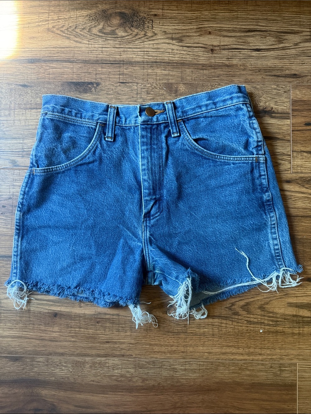 Wrangler Distressed Raw Hem Denim Shorts - Blue
